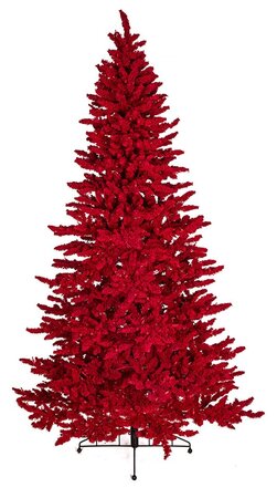 Earthflora's  Artificial Red Flocked Valentino Trees. Medium Flocked, Slim Size Trees with Red LED Lights. 5.5mm LED Bulbs. Available in 4 Sizes - 5', 7.5', 9' or 12' Tall. Wire Stands Included.