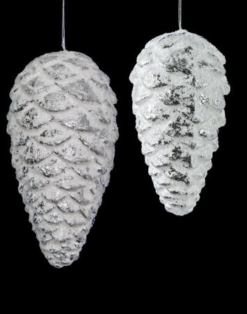 SNOW COVERED SHINY SILVER PINE CONE ORNAMENT | 6.5 INCH OR 8.5 INCH