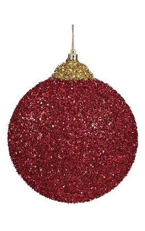 Styrofoam Tinsel Glittered Disc Ornament - Red