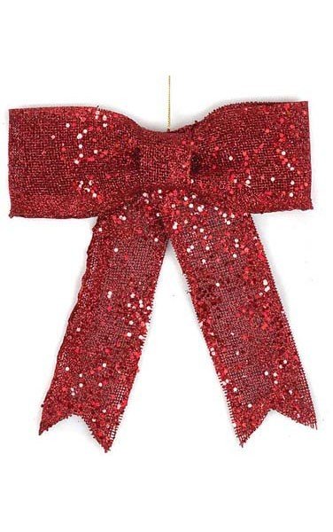 10 inches x 9 inches Glittered Burlap Bow with Tails - Red